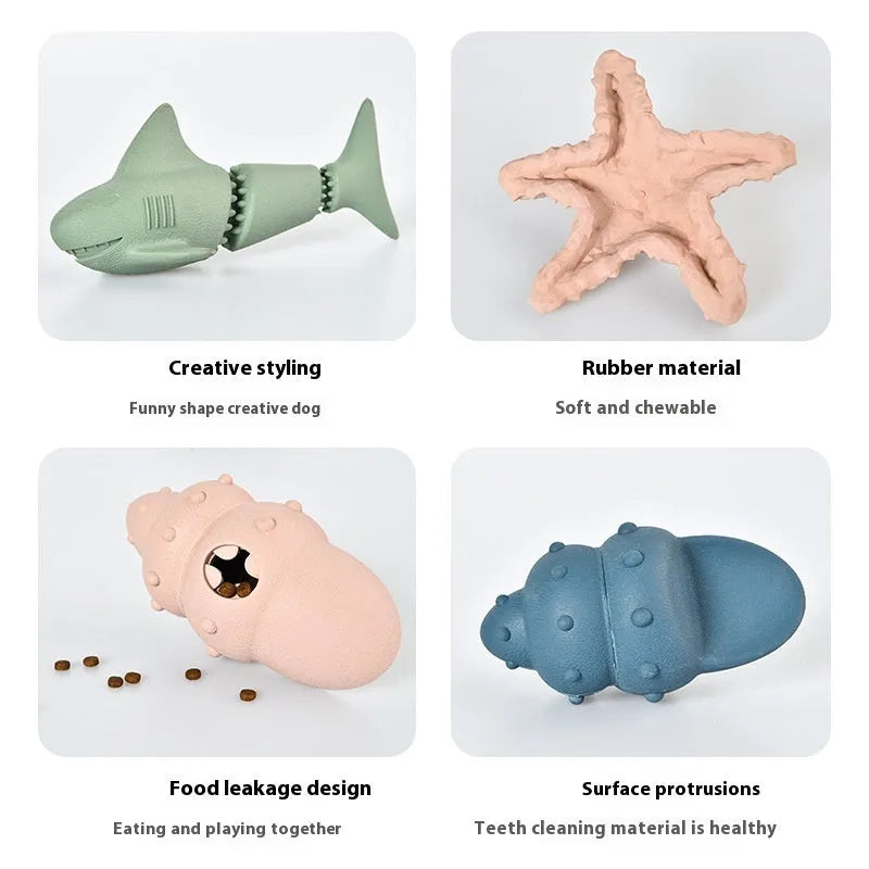 Blue and green rubber dog chew toy shaped like a deep sea shark, conch, and starfish.