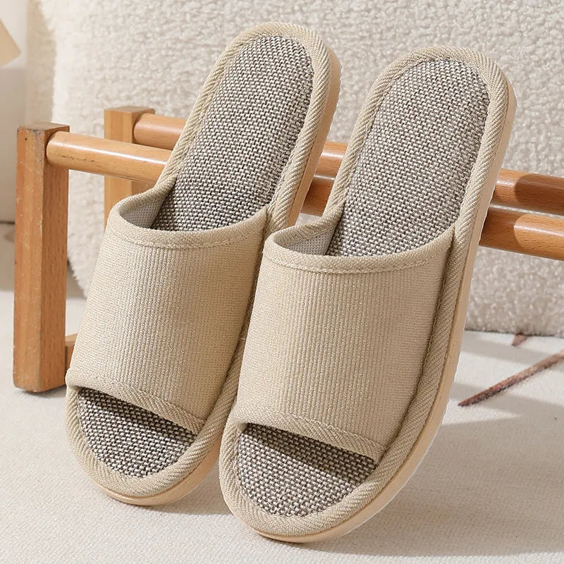 Women's cotton and linen open toe thickened slippers in dark coffee colour on a light background
