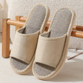 Women's cotton and linen open toe thickened slippers in dark coffee colour on a light background