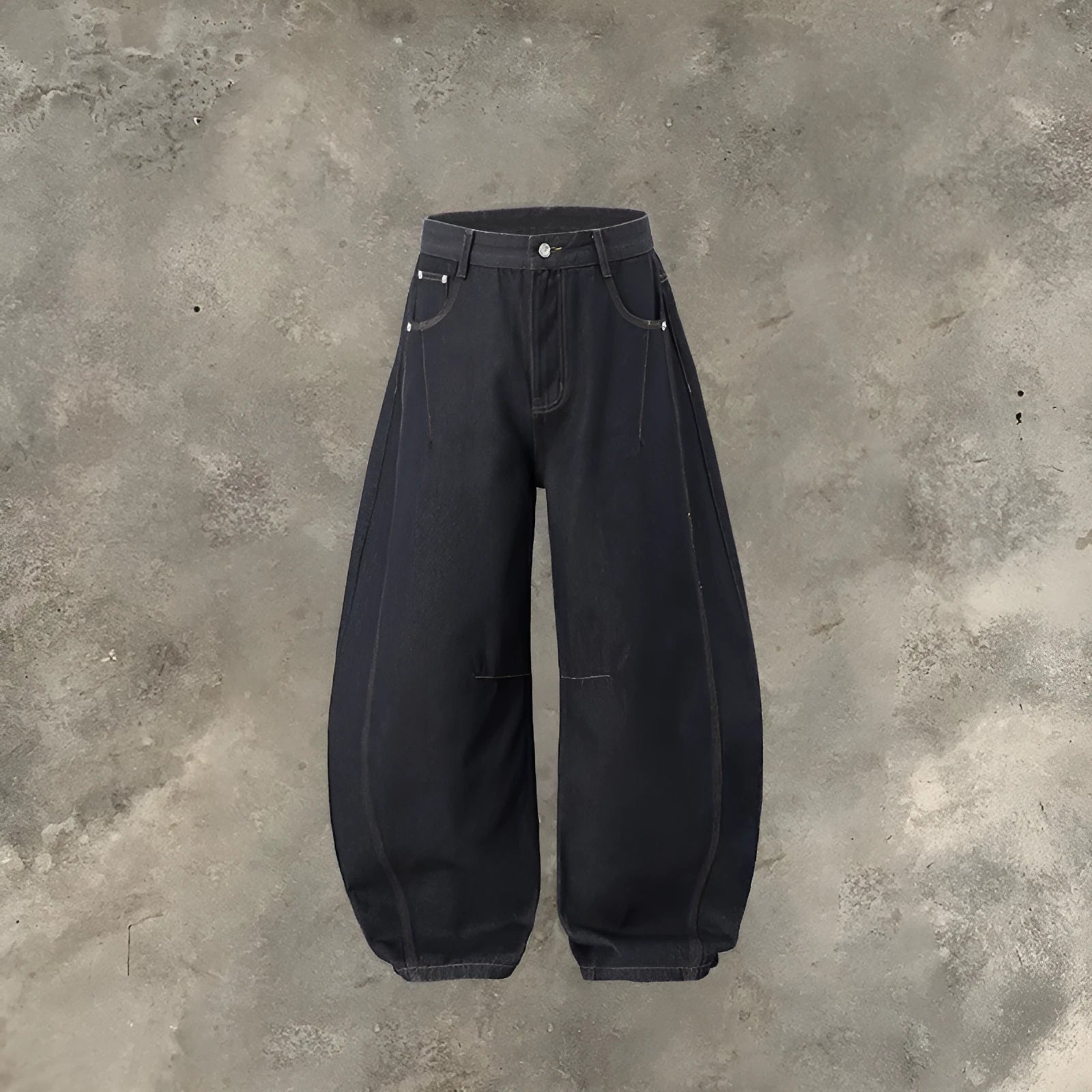Men's wide leg denim trousers in original cow colour, showing mid waist and relaxed fit.