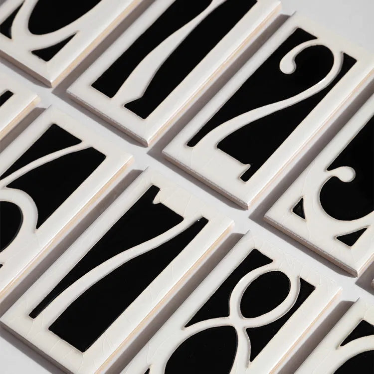Handmade ceramic enamel door plate with retro style numbers measuring 76mm by 152mm