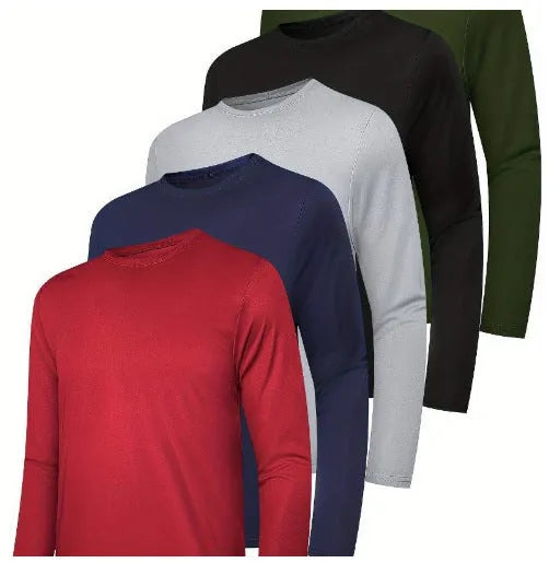 Four men's lightweight hoodies folded, showing elastic polyester fabric in a solid colour.