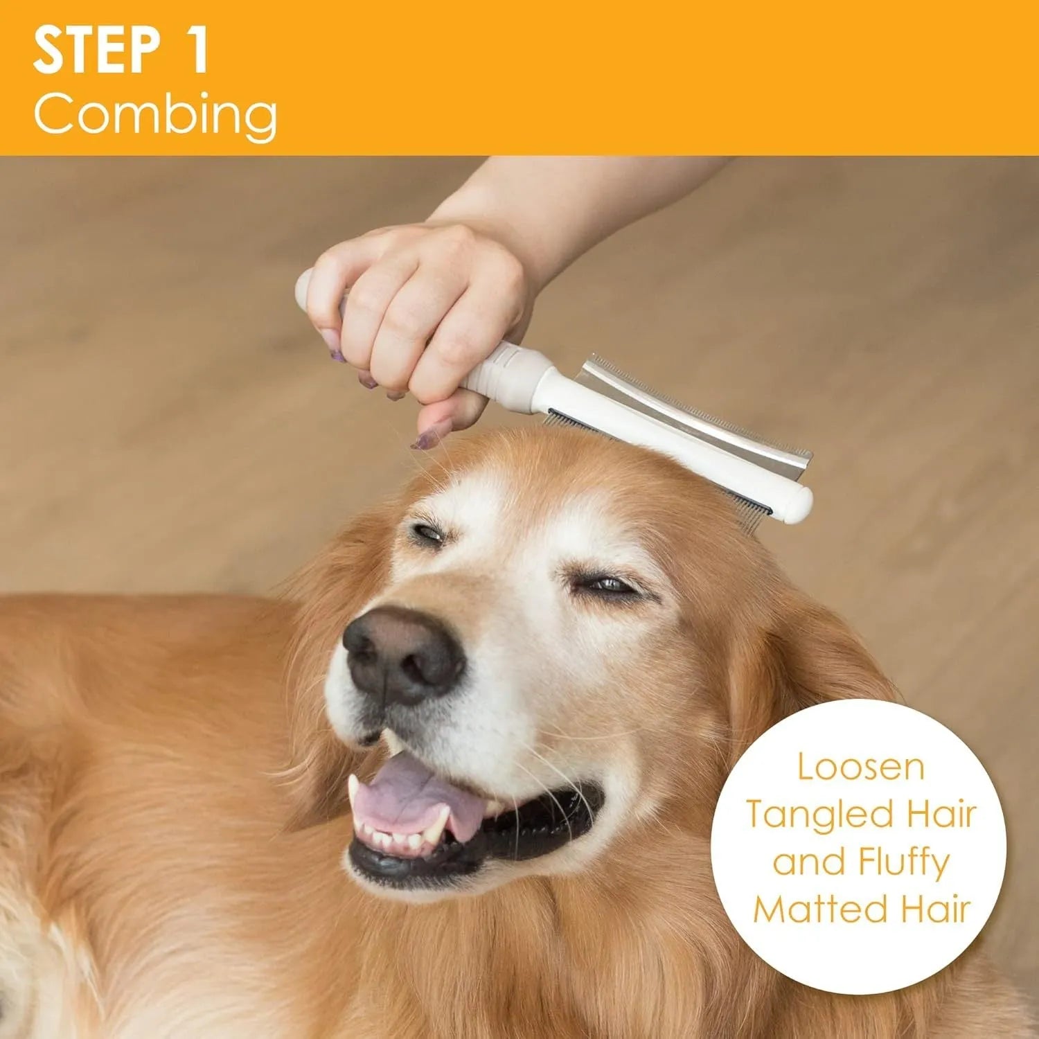 White double sided dog and cat deshedding brush with curved comb and ergonomic handle.
