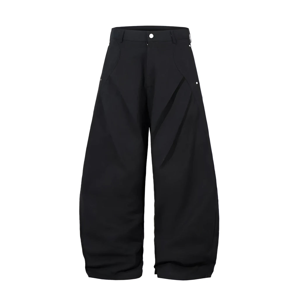 Men's pleated machete casual trousers in black, loose-fitting wide-leg cotton pants with mid waist