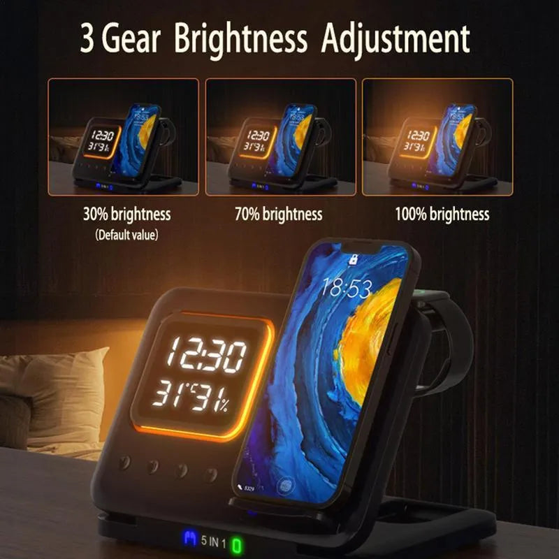Black 5-in-1 wireless charging dock station showing phone, watch, and earbuds charging next to LED digital clock display.