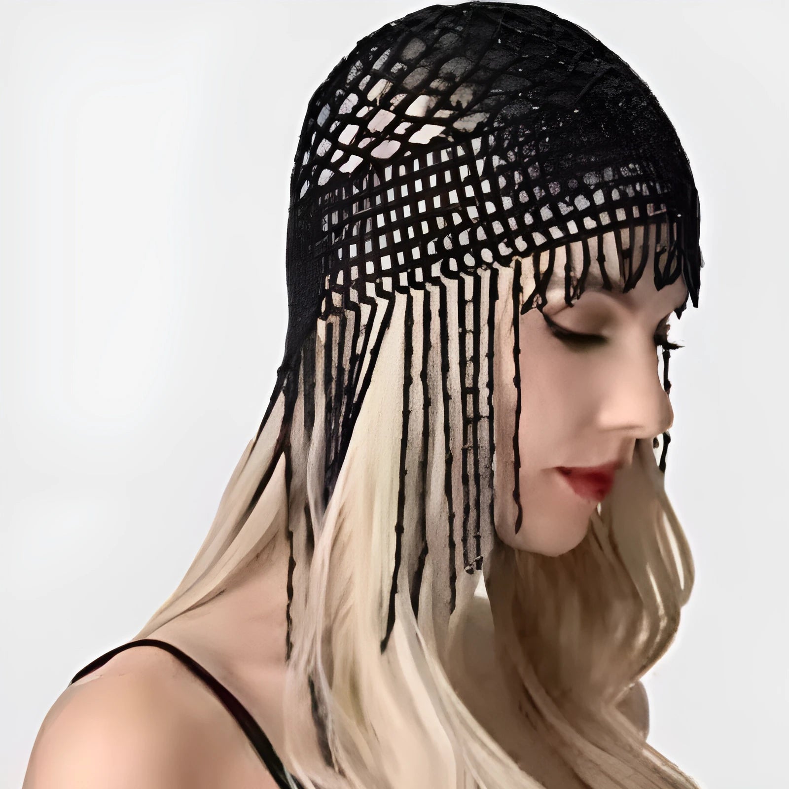 Alloy belly dance headwear with handmade beaded mesh decorative design and tassel