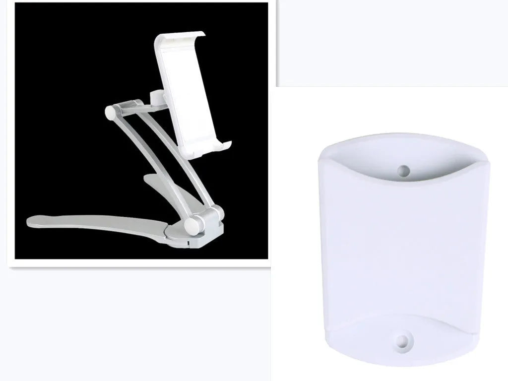 Silver aluminum desktop tablet stand with white ABS base, showing adjustable clip holding a tablet.