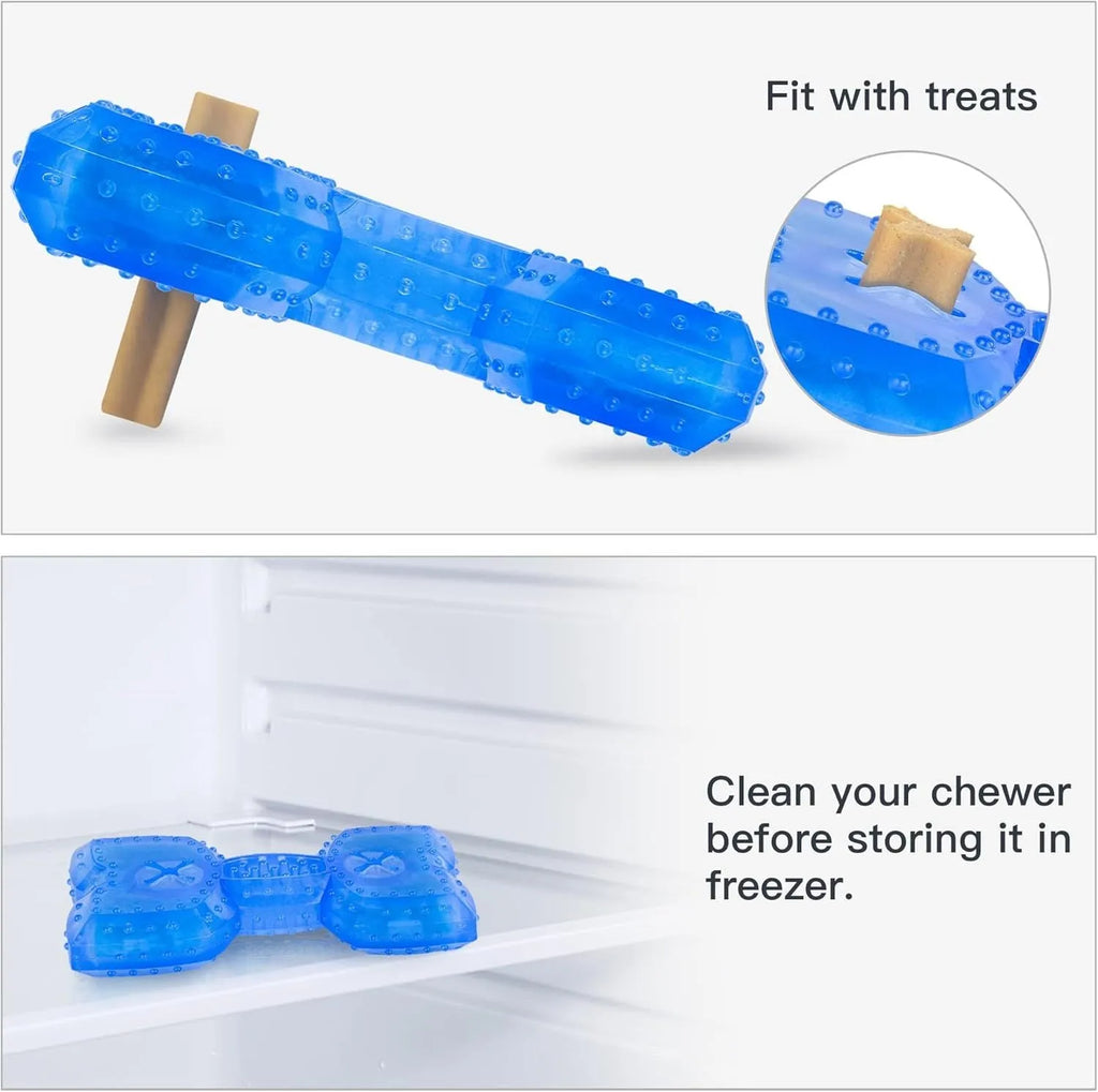 Freezable bone and circle shaped dog teething chew toy for cooling and dental care