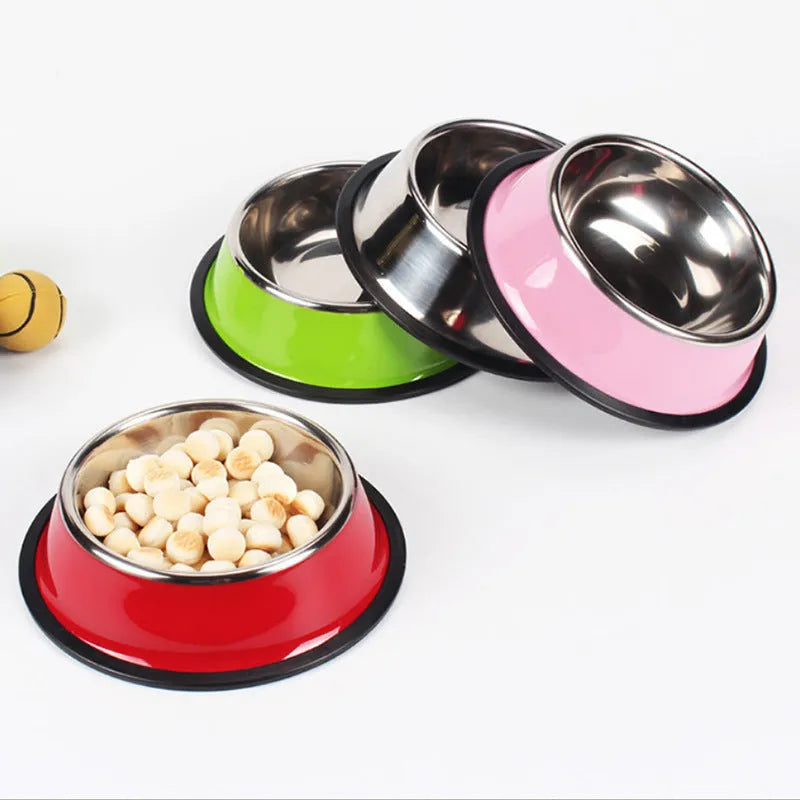 Stainless steel pet bowl inside a colourful melamine pot with a non-slip rubber ring base.