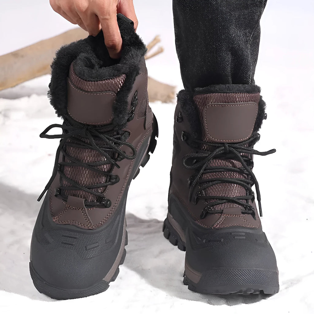 Men's black fleece-lined high-top lace-up work boots with a flat heel and ribbed sole.