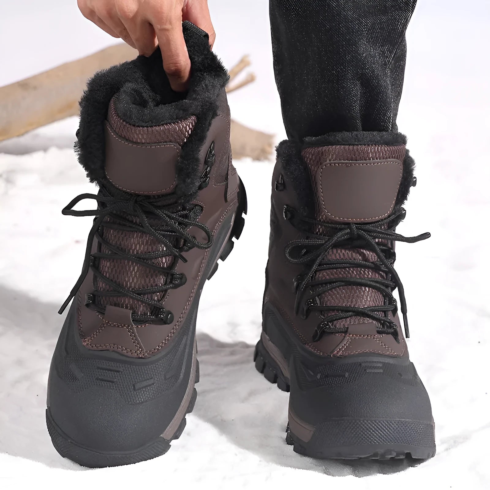 Men's black fleece-lined high-top lace-up work boots with a flat heel and ribbed sole.