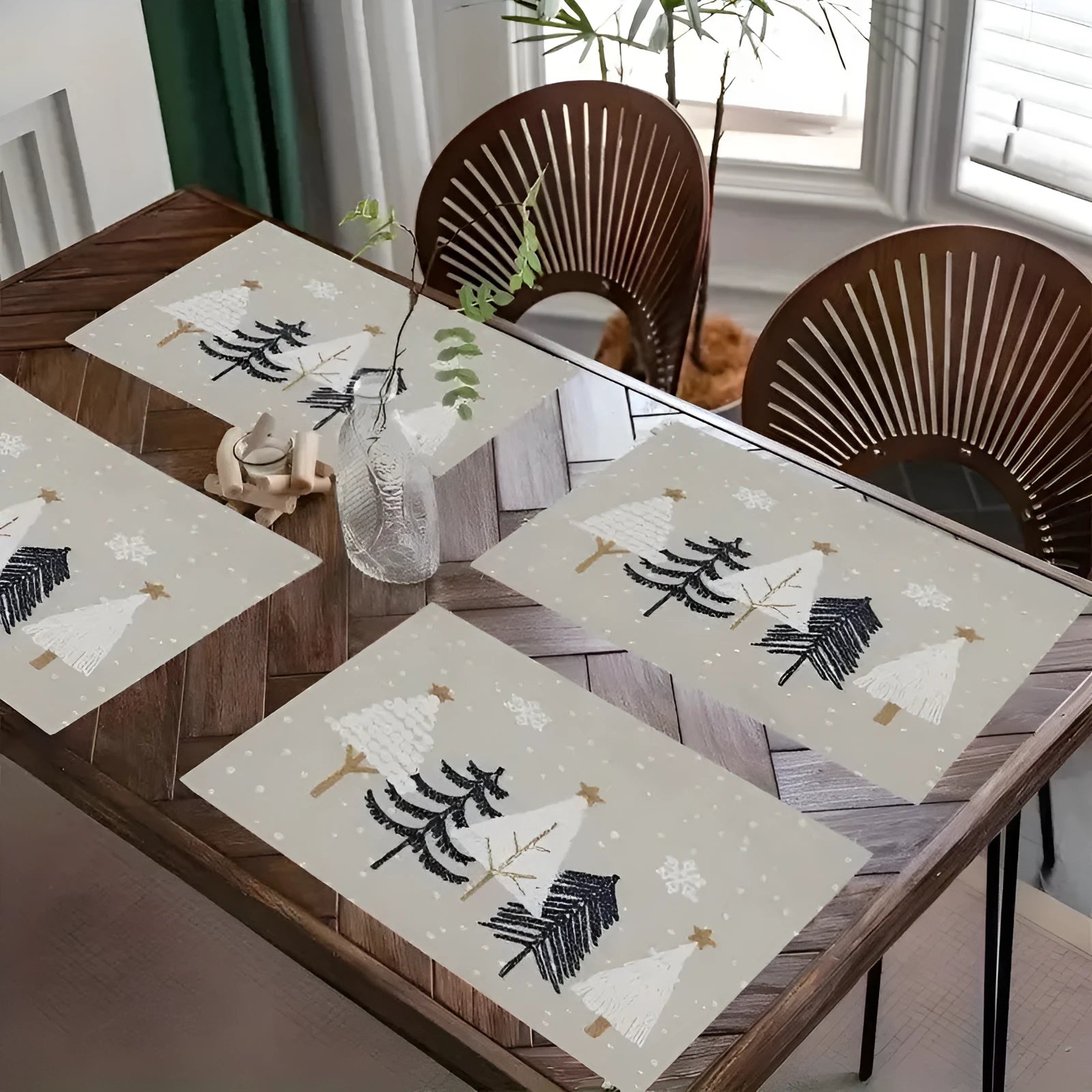 Square linen Christmas placemat with tree print, 30x45cm, in a holiday table setting