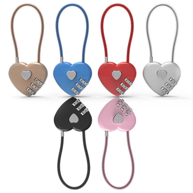 Peach heart-shaped ABS plastic love lock with a steel rope, shown in various colours.