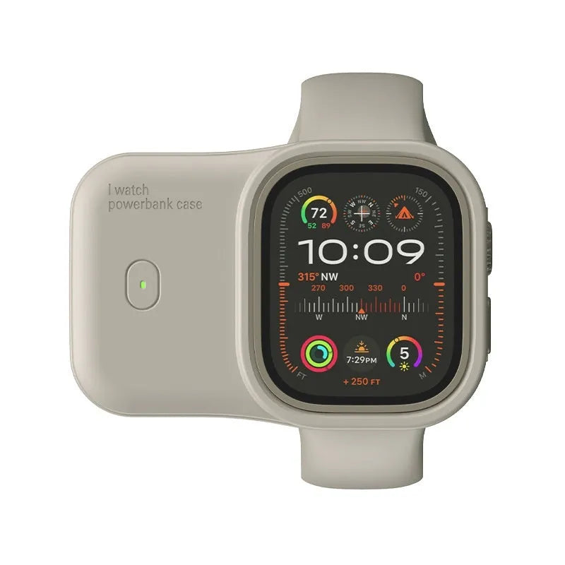 Apple Watch portable wireless charging case with silicone cover, shown next to 44mm watch