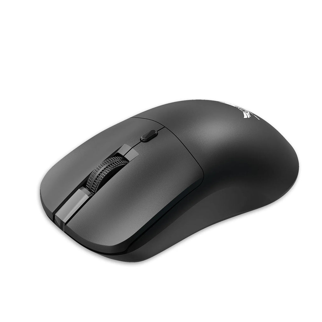 Black wireless mouse with three side buttons on a desk next to a laptop
