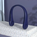 Blue USB rechargeable bladeless neck fan worn around the neck, showing the flexible band and air outlet.
