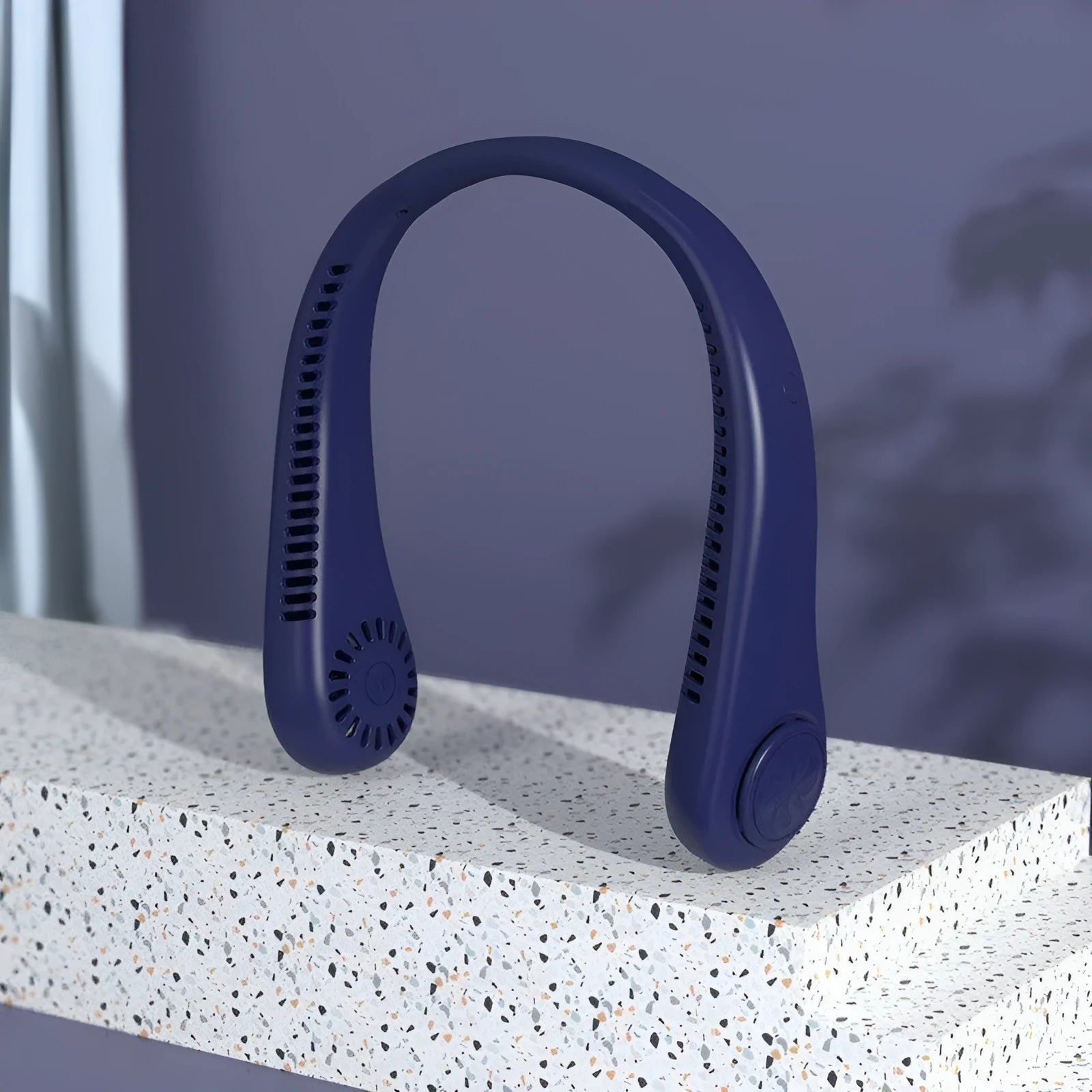 Blue USB rechargeable bladeless neck fan worn around the neck, showing the flexible band and air outlet.