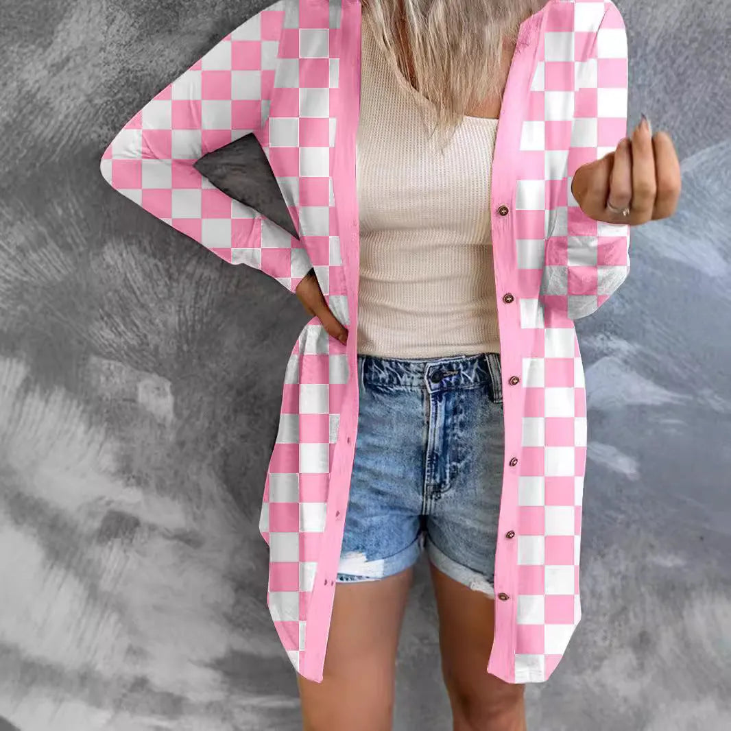 Women's long plaid knitted cardigan coat in polyester with contrast colour pattern