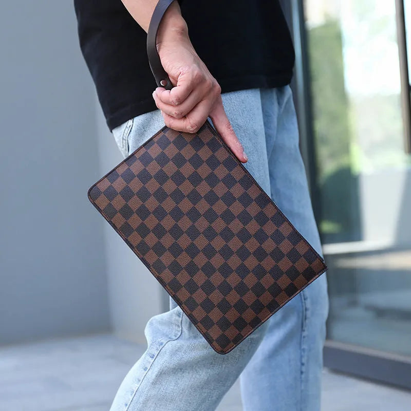 Men's soft PU leather clutch wallet showing card slots and checkered pattern