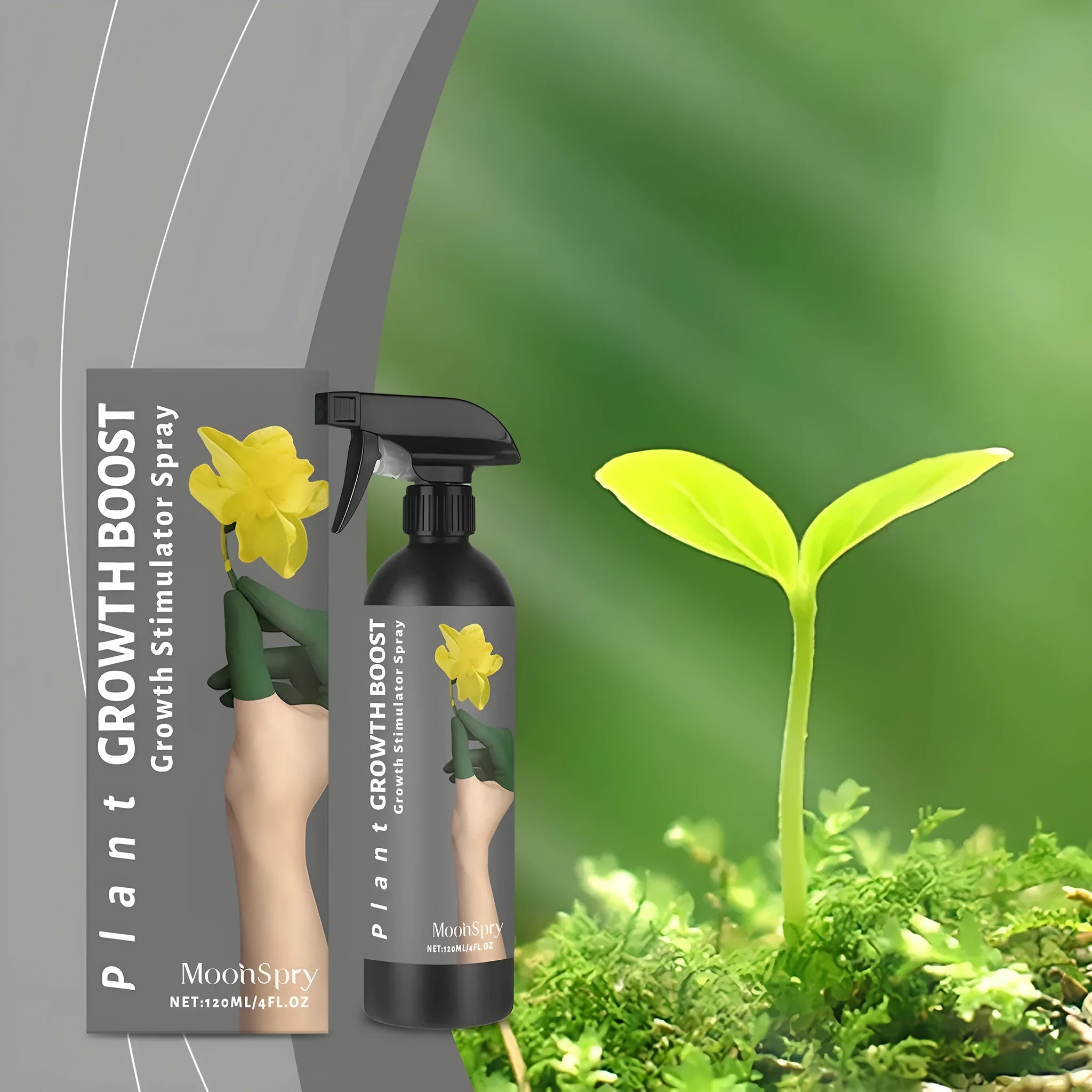 Plant Growth Boost 120ml plant nutrition spray bottle with ingredients listed: water, glycerin, urea, 1,2-hexanediol, potassium chloride