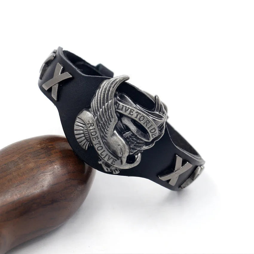 Black leather bracelet with alloy eagle watch-style clasp, geometric shape design