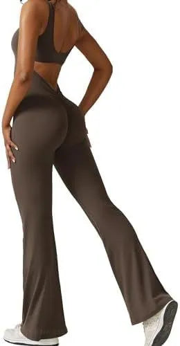 Women's sleeveless flare jumpsuit for fitness and yoga in high elasticity polyester fabric