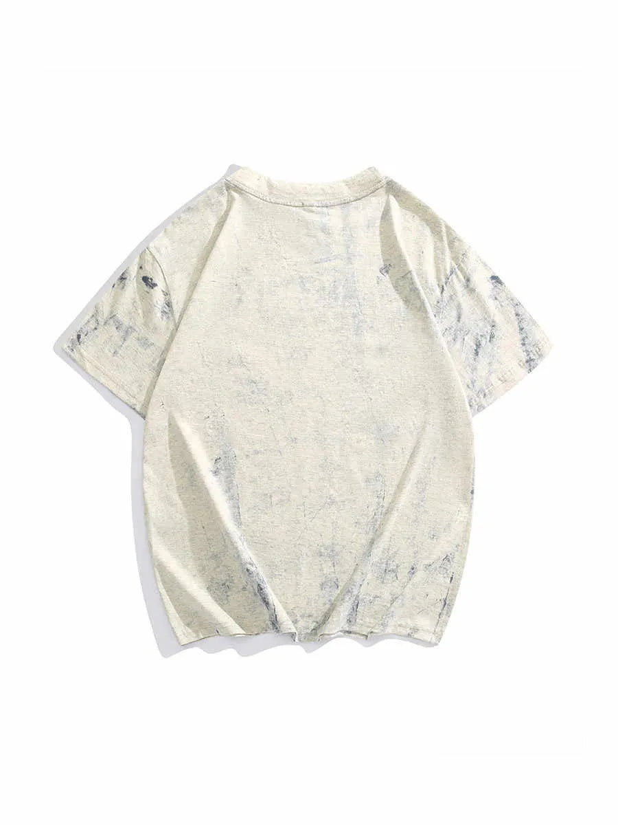 Gray tie dye full printing paint short sleeve T-shirt with round neck, loose fit, on a white background