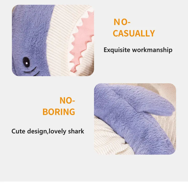 Shark pattern pet bed cushion in blue velvet, with thick padding, for small to medium dogs