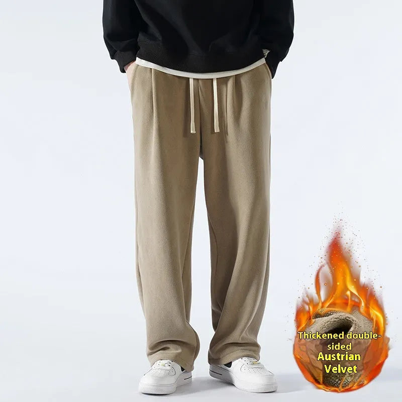 Men's fleece-lined winter casual trousers in apricot colour with drawstring waist and loose fit design