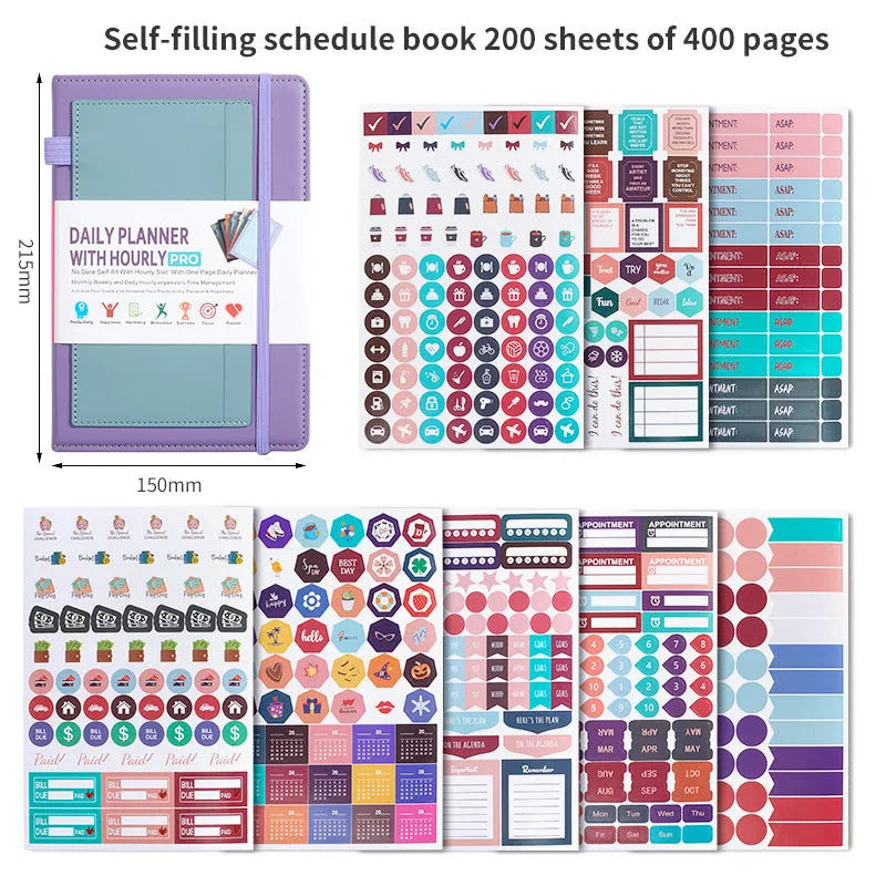 A5 notebook with PU cover, open to show no-date strap and thread binding, with planning stickers.