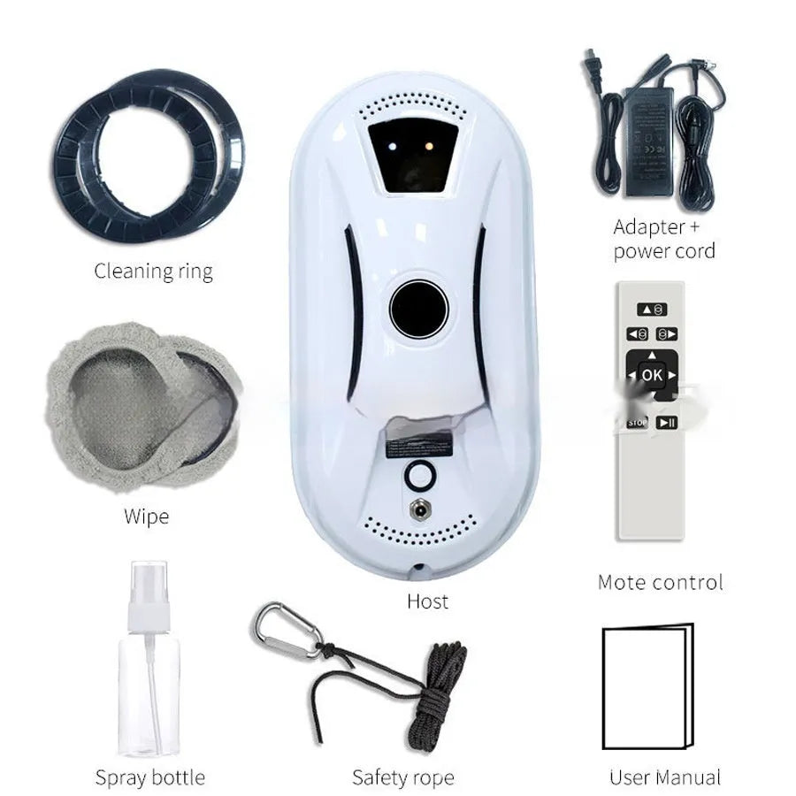 White automatic window cleaning robot with remote control, compact 28cm by 13cm by 9cm size