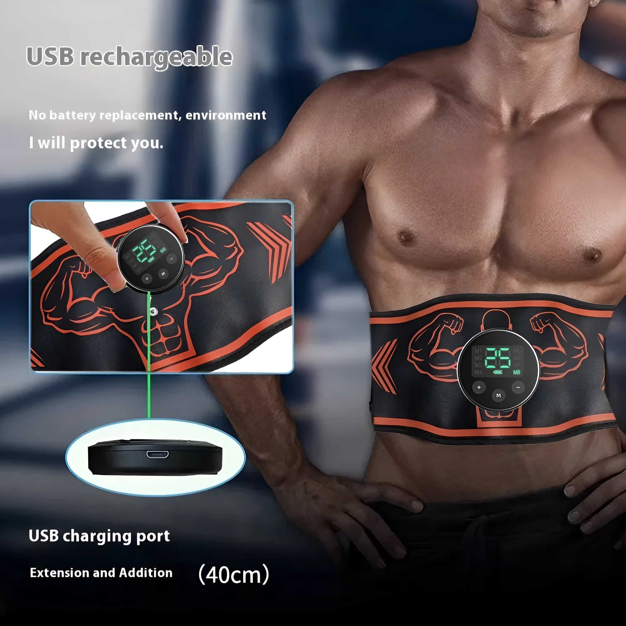 Smart EMS massage belt fitness equipment with rechargeable host unit, belt and arm straps in blue colour