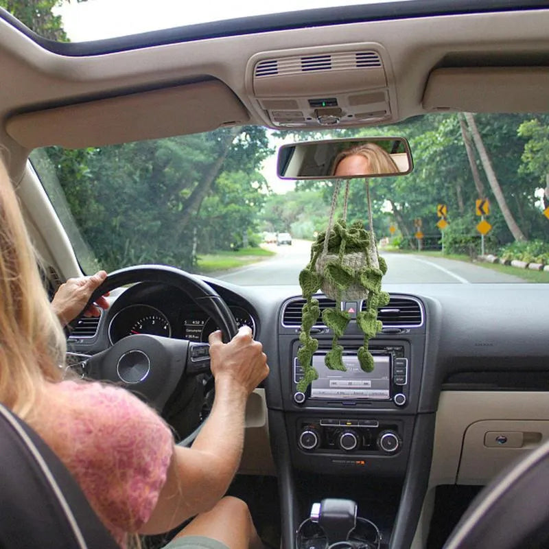 Green and white knitted wool car plant ornament with 25cm hanging rope on 8cm circular base