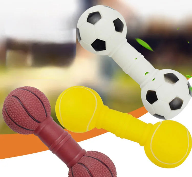 Brown, orange, white, and yellow PVC football dumbbell shaped dog toy with squeaker.