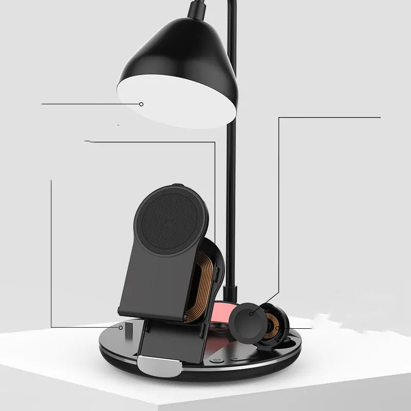 Black magnetic folding wireless charger shown open and closed, with integrated USB cable.