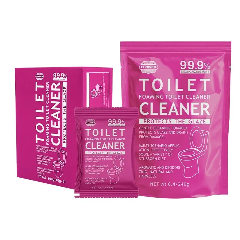 Toilet Bubble Powder cleaning product in blue ocean or pink floral fragrance, showing 240g bag and 5x40g box options.