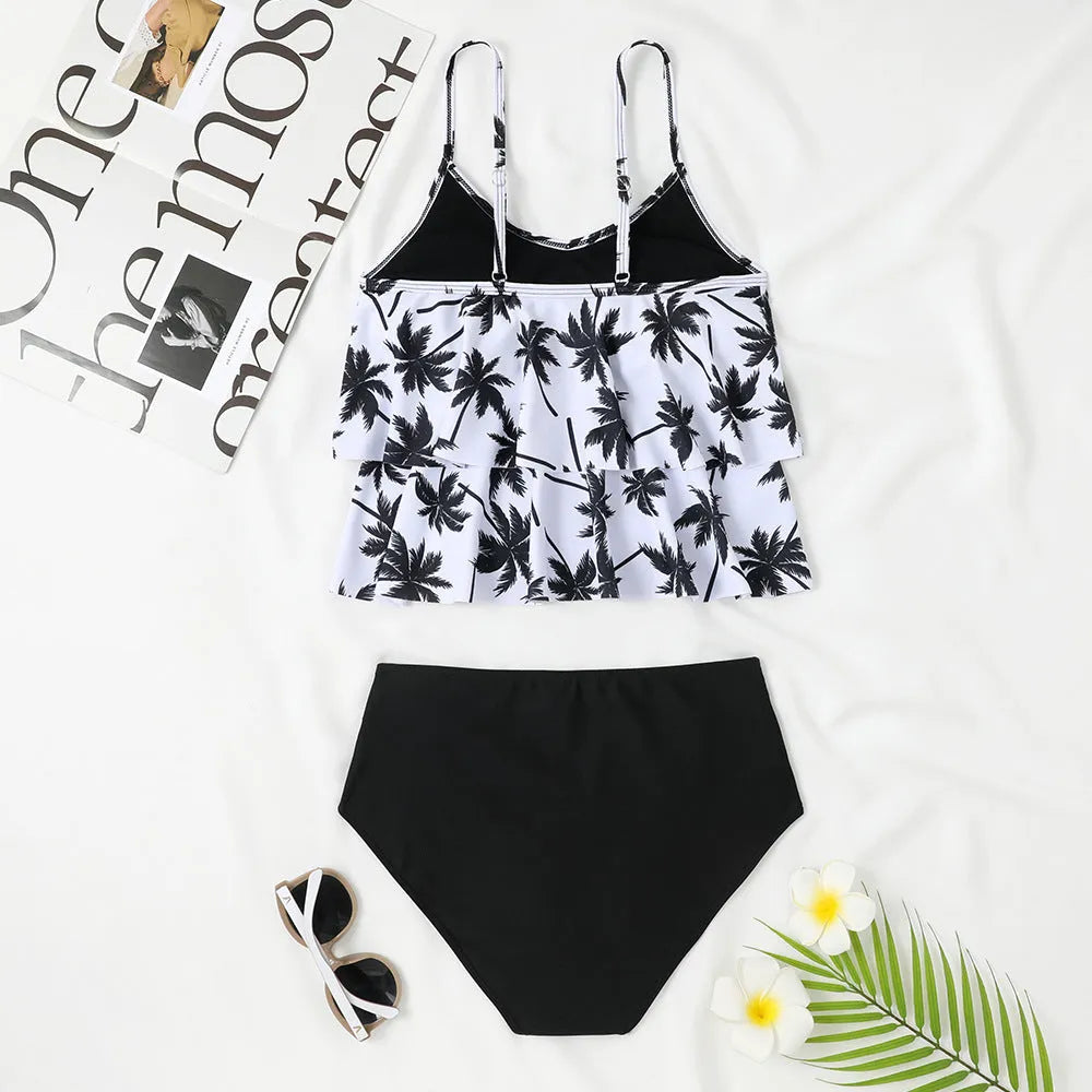 High waist double-layer swimsuit with coconut tree print design showing top and bottom pieces
