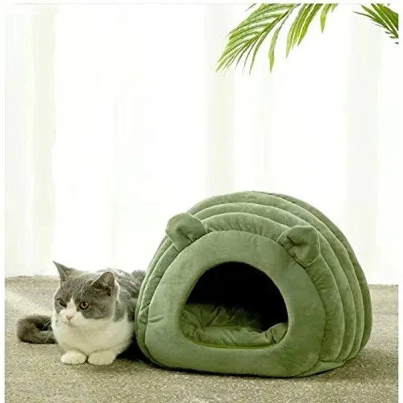 Plush cat bed house in brown with removable cushion, 38x42x33cm, for small pets