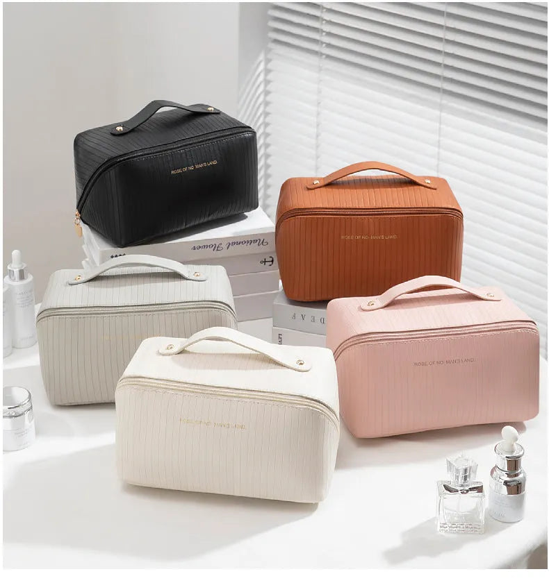 Vertical pattern pillow makeup bag cubic shape 22.5cm PU material travel organiser
