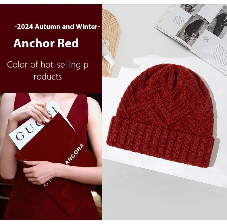 Women's wool knitted dome hat in various colours showing textured knit pattern and totem design elements