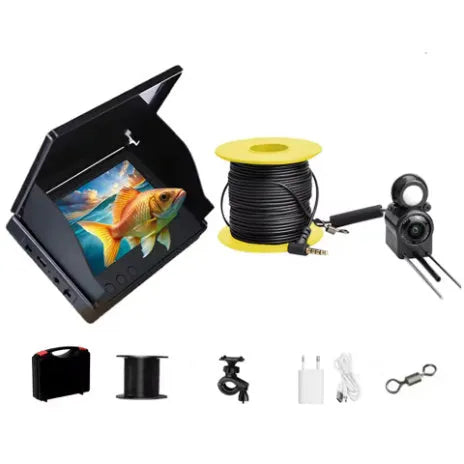 Fish finder underwater camera with 4.3-inch screen, showing wide-angle underwater view with night vision lights illuminated.