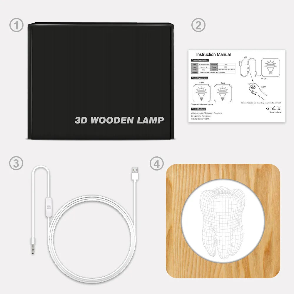 Wood colour tooth-shaped acrylic night lamp measuring 190x190x30mm with USB cable