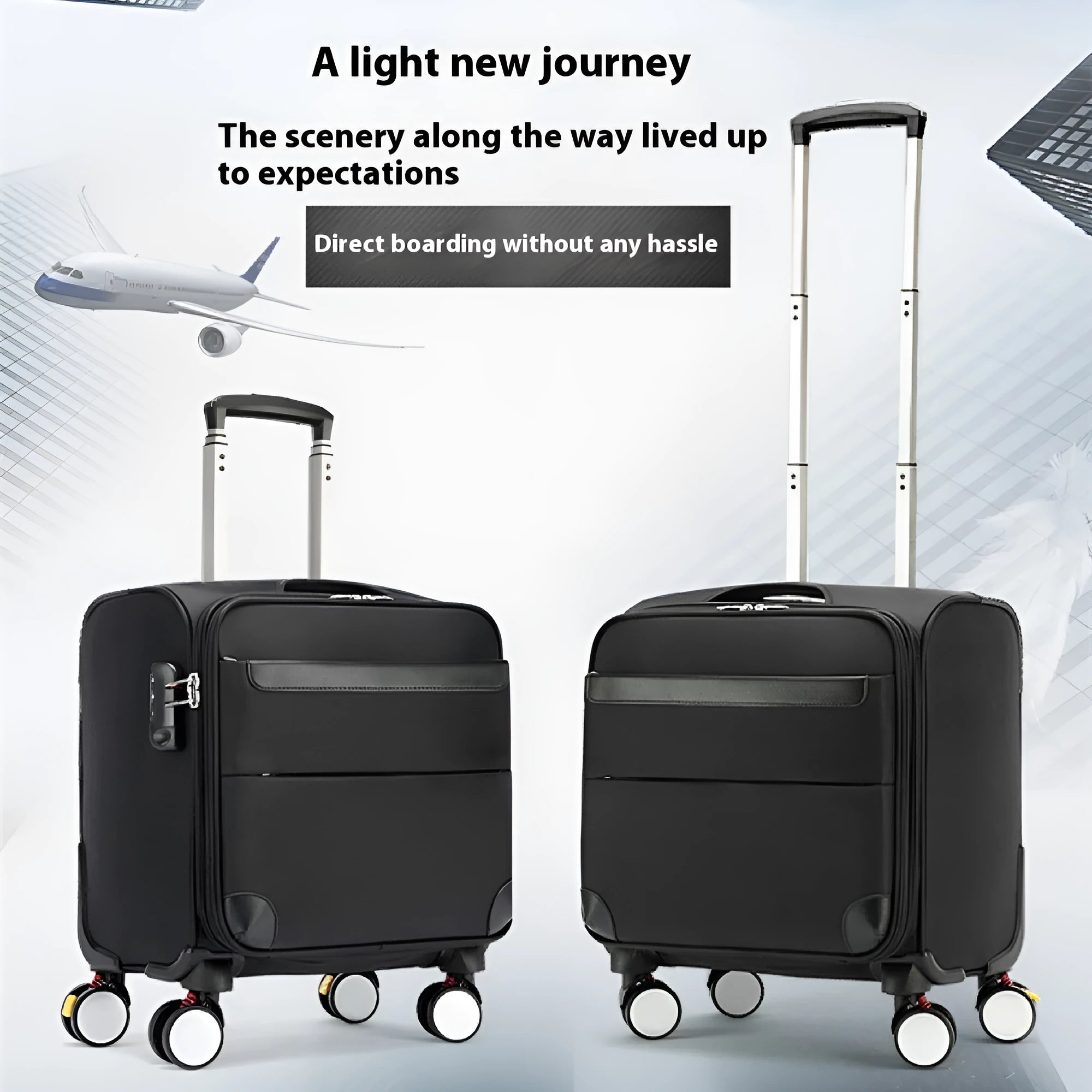 18 inch black Oxford cloth business travel suitcase with universal wheels and retractable handle