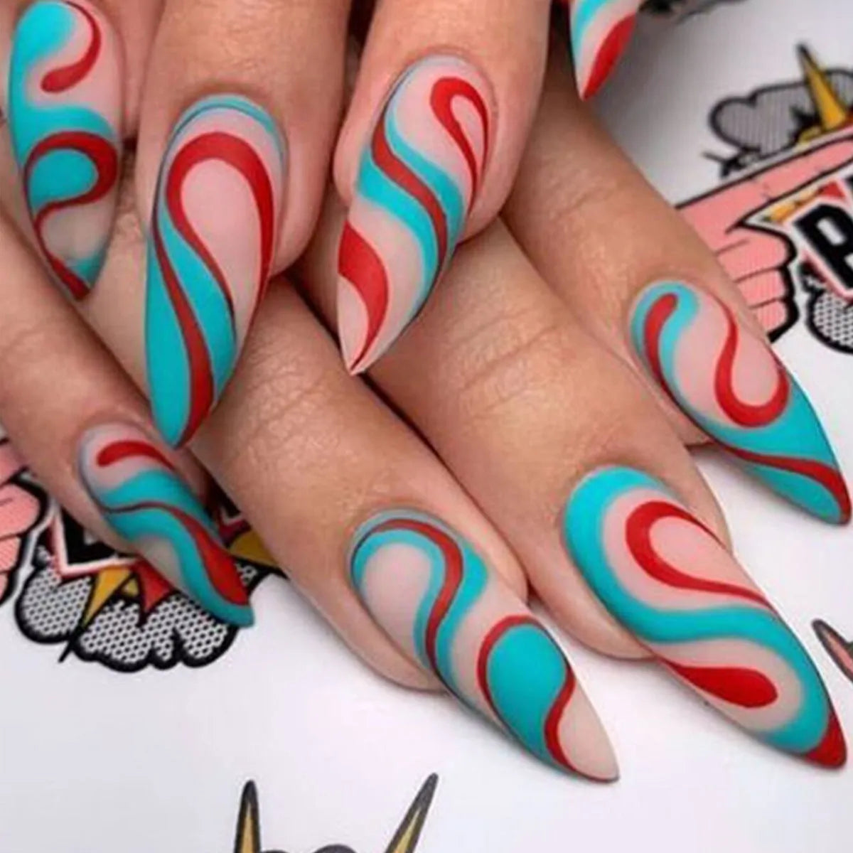 Plaid pattern almond-shaped rainbow nail stickers set in French colour ripple design with European square style
