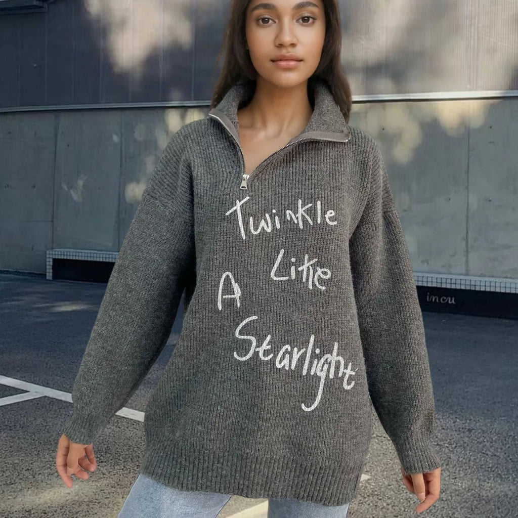 Women's grey alpaca wool blend pullover sweater with diagonal zip and turtleneck