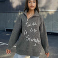 Women's grey alpaca wool blend pullover sweater with diagonal zip and turtleneck