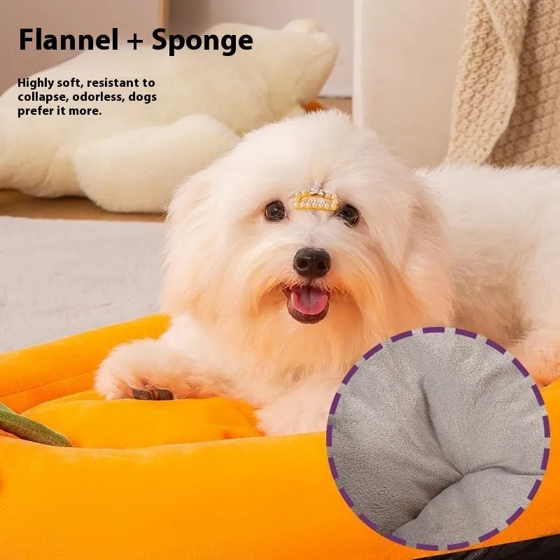 Removable washable cloth dog mat in brown grey orange purple colours showing S M L XL XXL sizes.