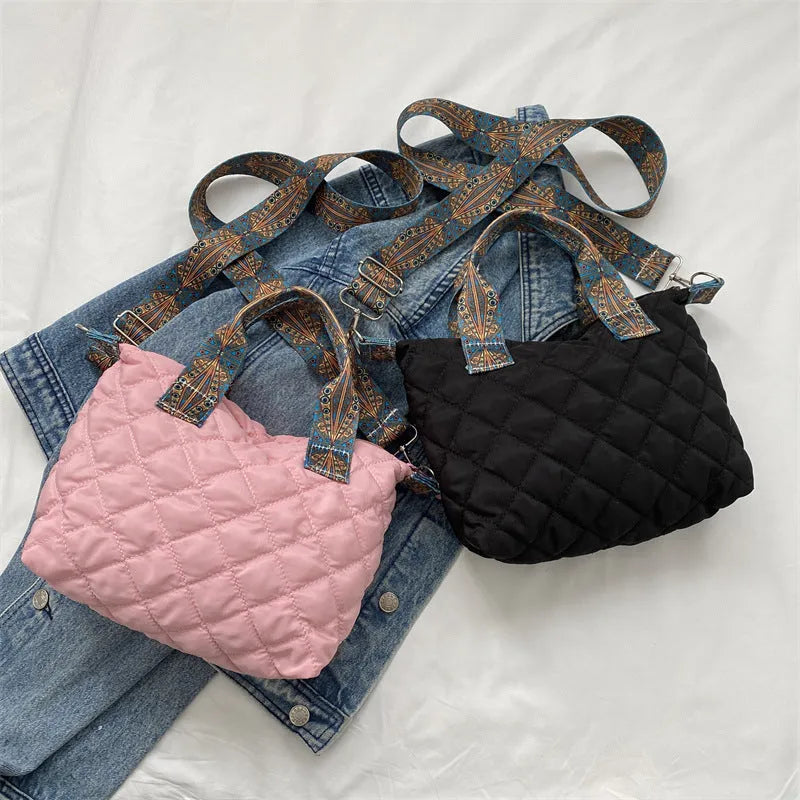 Horizontal square Oxford cloth messenger bag with single shoulder strap and embroidery details