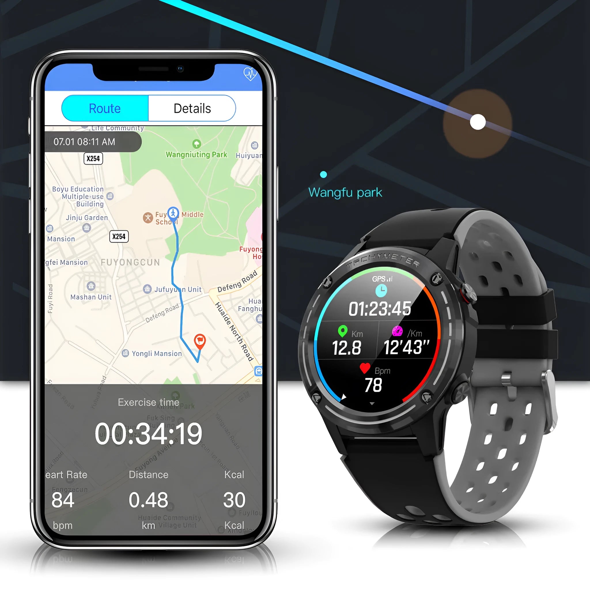 GPS smart watch with square touchscreen and silicone strap in multiple colour options