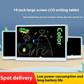 19-inch blue and white rechargeable LCD children's drawing board with stylus on a table